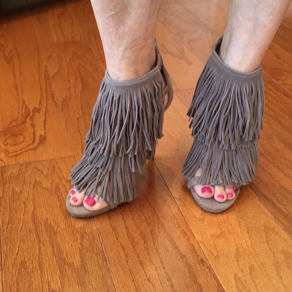 Candies Triple Tier Taupe Fringe Sandal